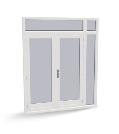 Houten dubbele deuren met zijlicht en 2 bovenlichten, buitendraaiend