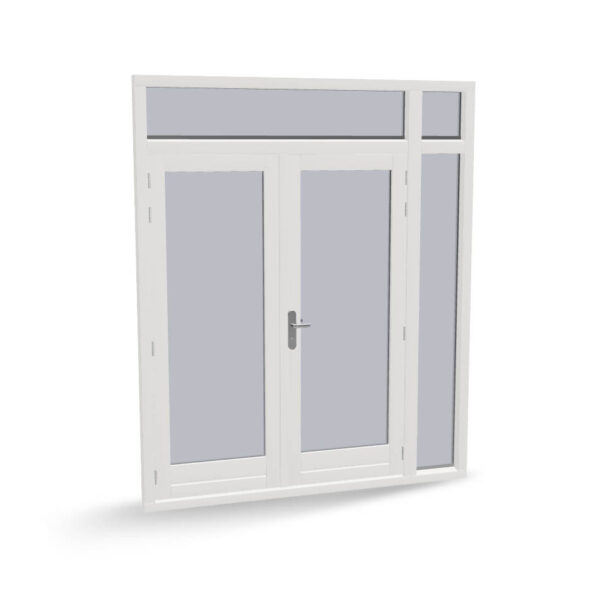 Houten dubbele deuren met zijlicht en 2 bovenlichten, buitendraaiend