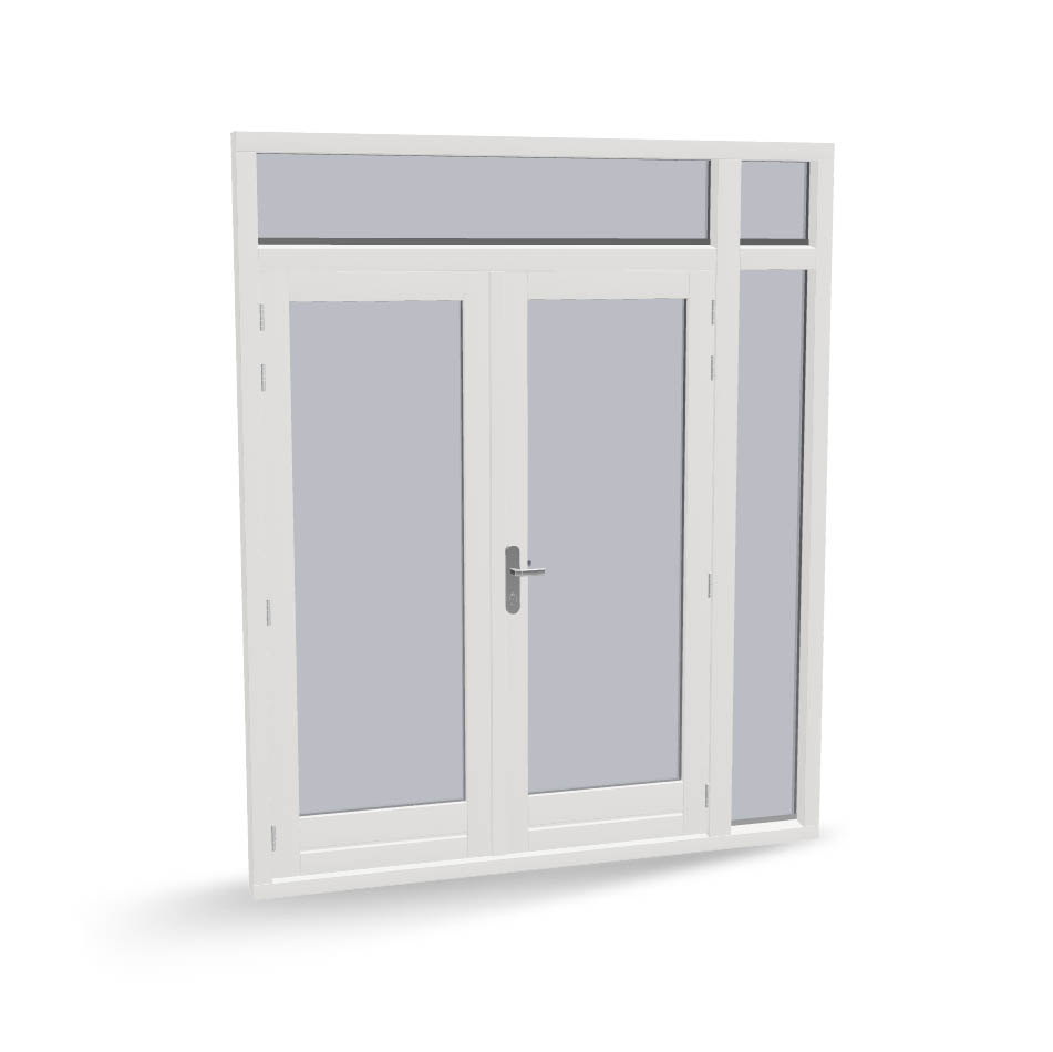 Houten dubbele deuren met zijlicht en 2 bovenlichten, buitendraaiend