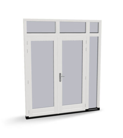 Houten dubbele deur met 1 zijlicht en 3 bovenlichten, buitendraaiend