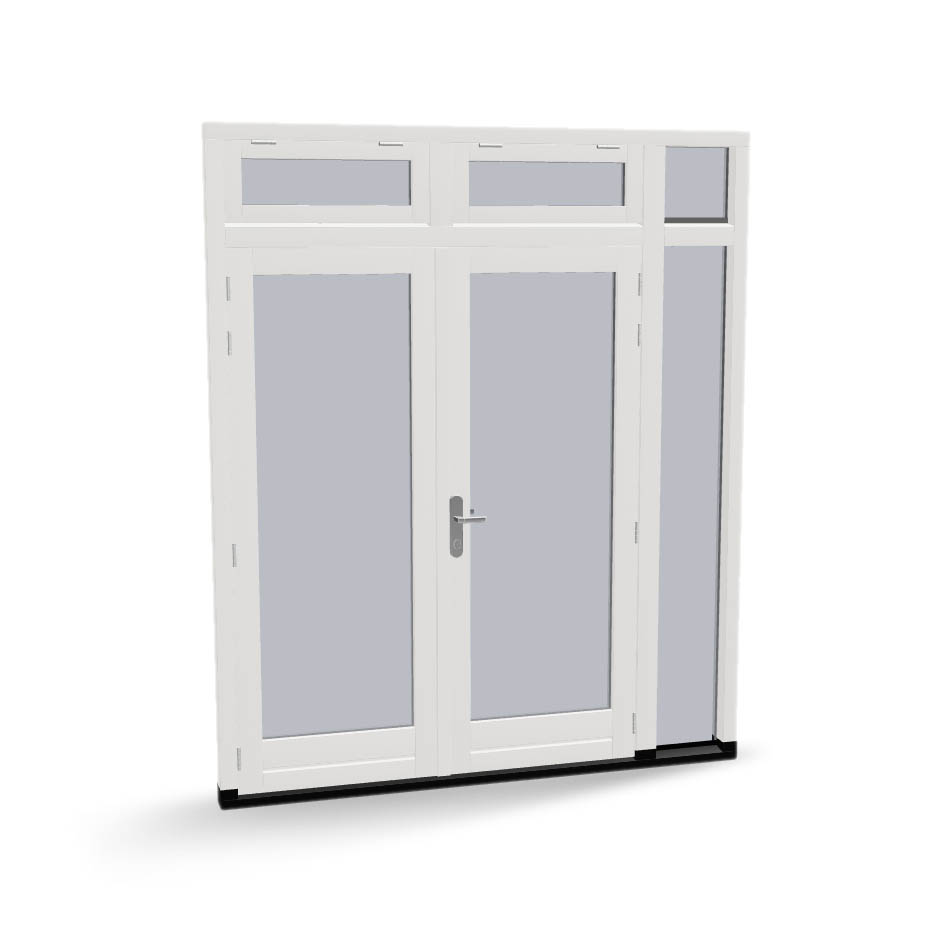 Houten dubbele buitendeuren met zijlicht, bovenlicht en 2 uitzetramen