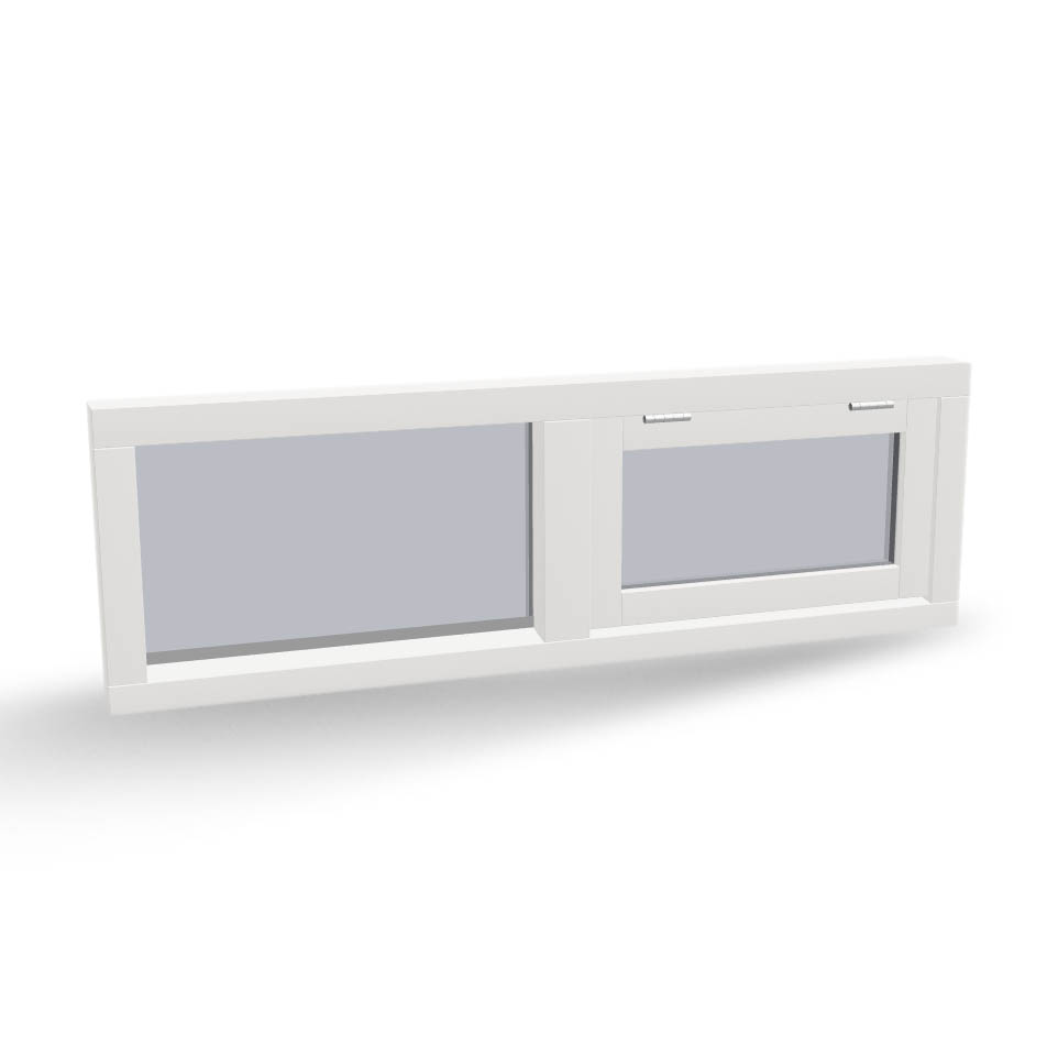 Houten raamkozijn met uitzetraam en vast glas, 2 vaks