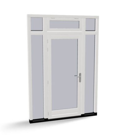 Houten deur met 2 zijlichten, 2 bovenlichten en uitzetraam, buitendraaiend