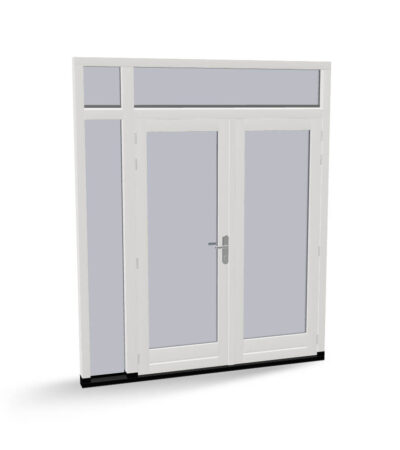 Houten dubbele deuren met zijlicht en 2 bovenlichten, buitendraaiend