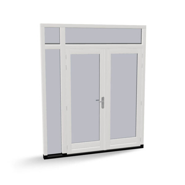 Houten dubbele deuren met zijlicht en 2 bovenlichten, buitendraaiend