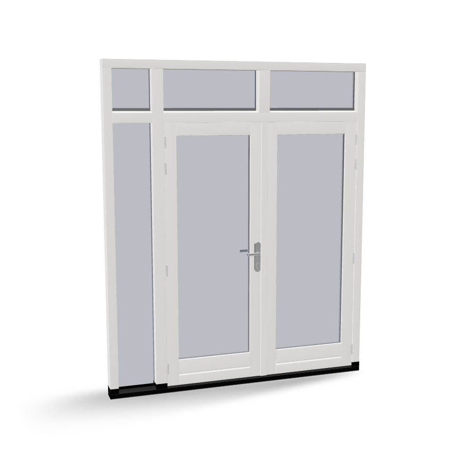 Houten dubbele deur met 1 zijlicht en 3 bovenlichten, buitendraaiend