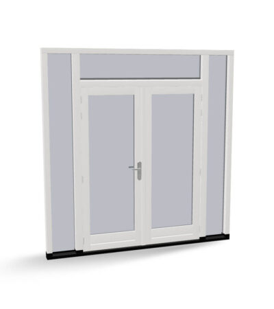 Houten dubbele buitendeuren met 2 zijlichten, bovenlicht en 2 uitzetramen