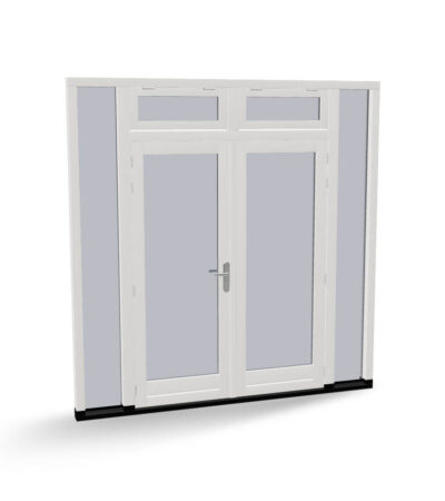 Houten dubbele buitendeuren met 2 zijlichten en 2 uitzetramen